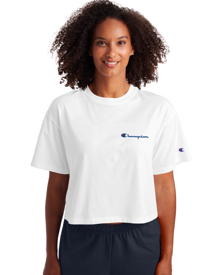 Champion Cropped Script Logo T-Shirt Dames - Wit - Belgie 0975RLHKP